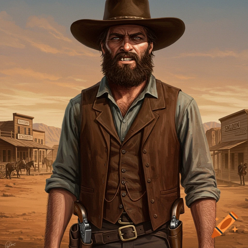 A rugged cowboy with a beard and hat standing in a dusty Western town.