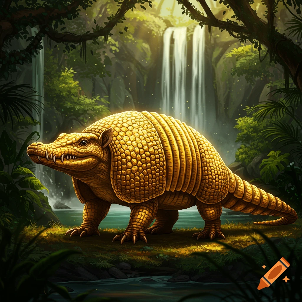 A fantastical creature blending armadillo and crocodile features stands in a lush jungle waterfall setting.