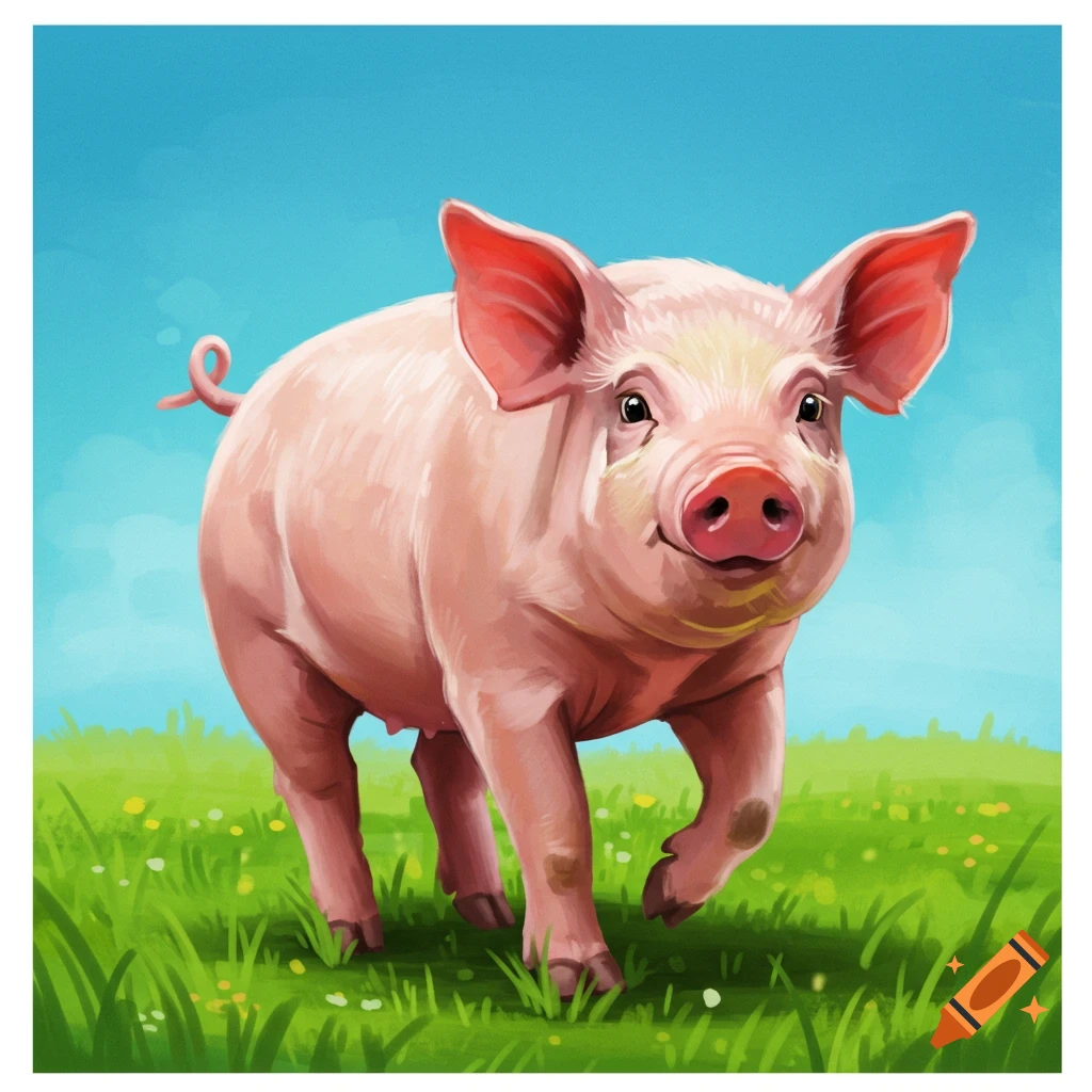 A cheerful pink pig walking through a green field with flowers under a blue sky.