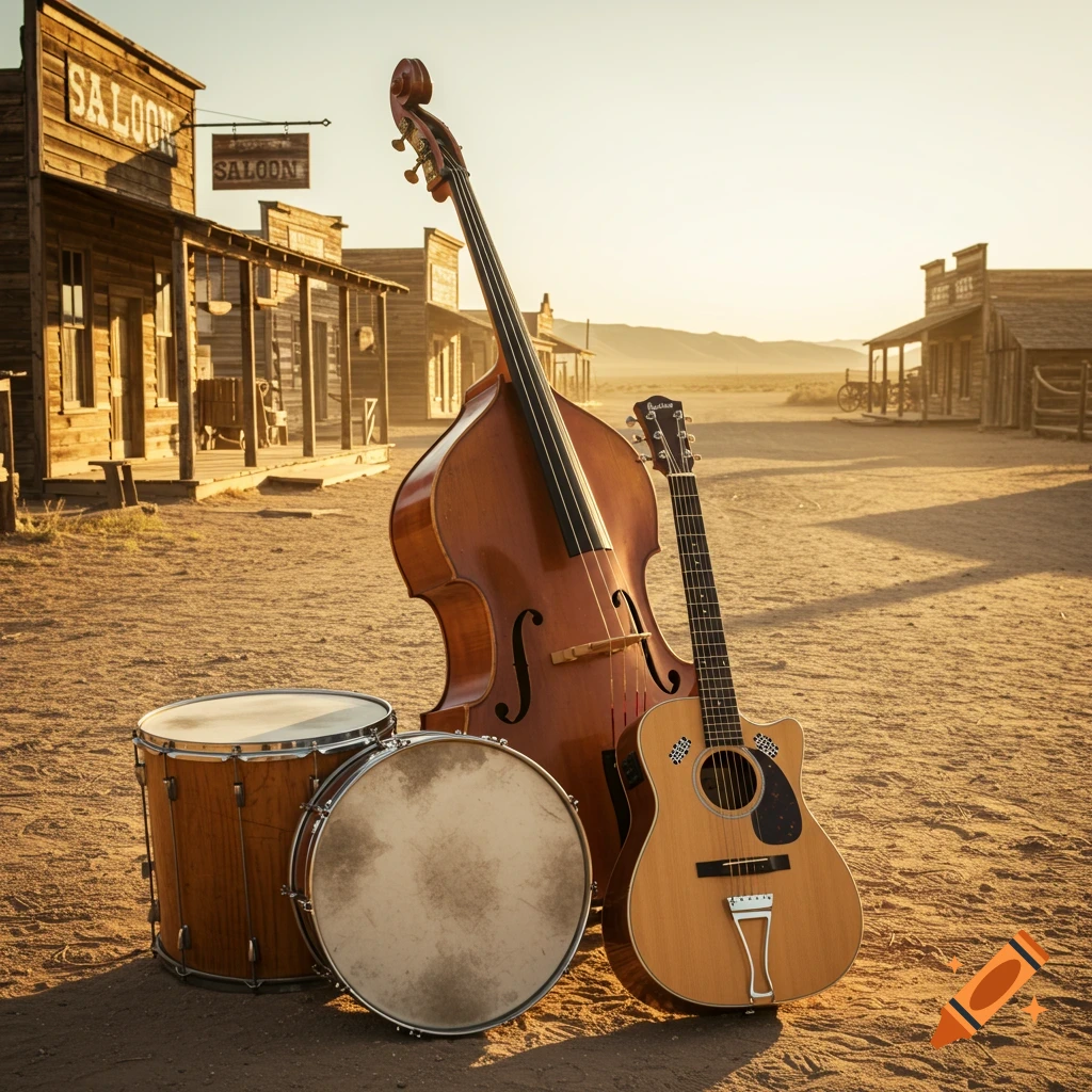 Upright bass, acoustic guitar, and drums in the dusty street of an old Western town at sunset.