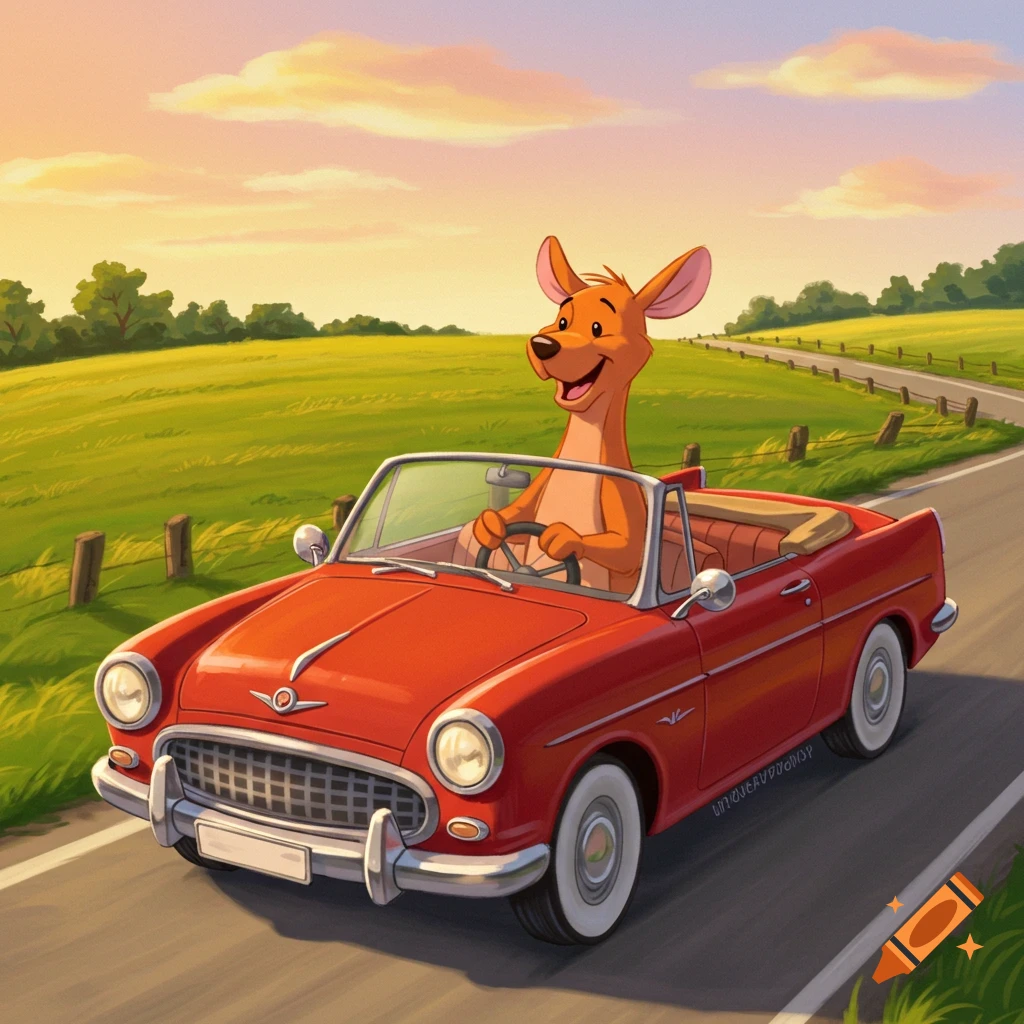 A cartoon kangaroo drives a red convertible down a winding road at sunset.