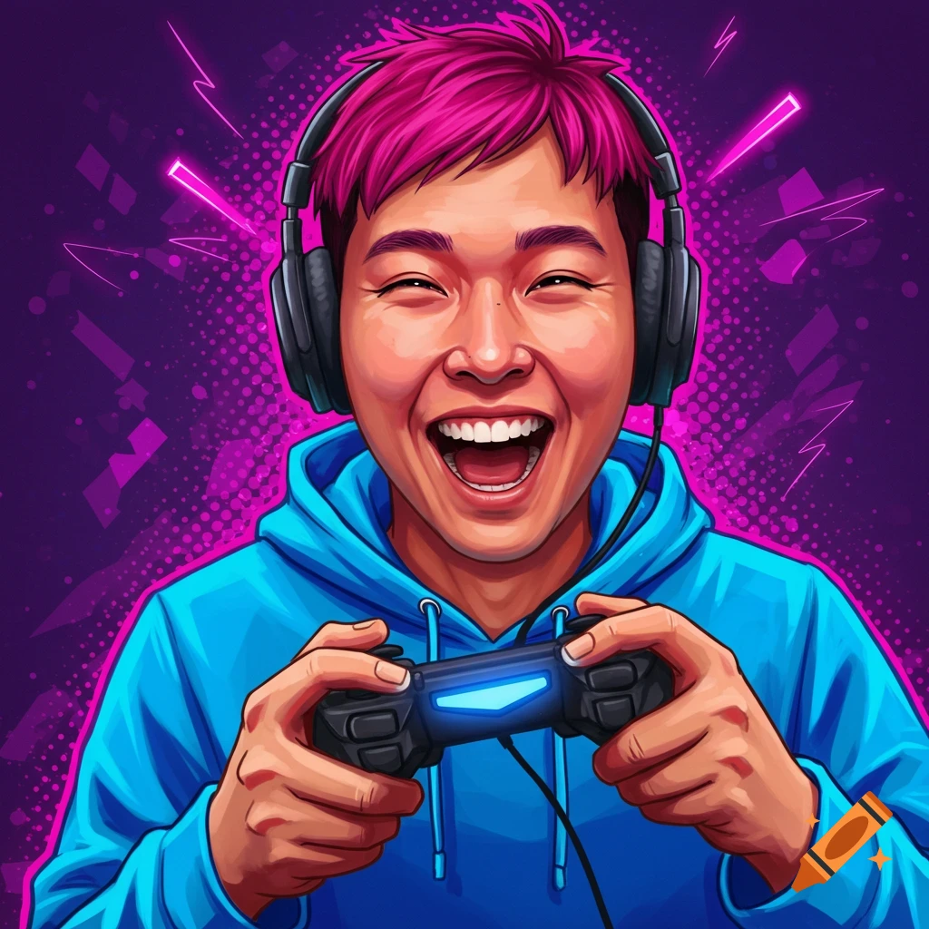 A smiling gamer with pink hair and headphones is holding a video game controller.