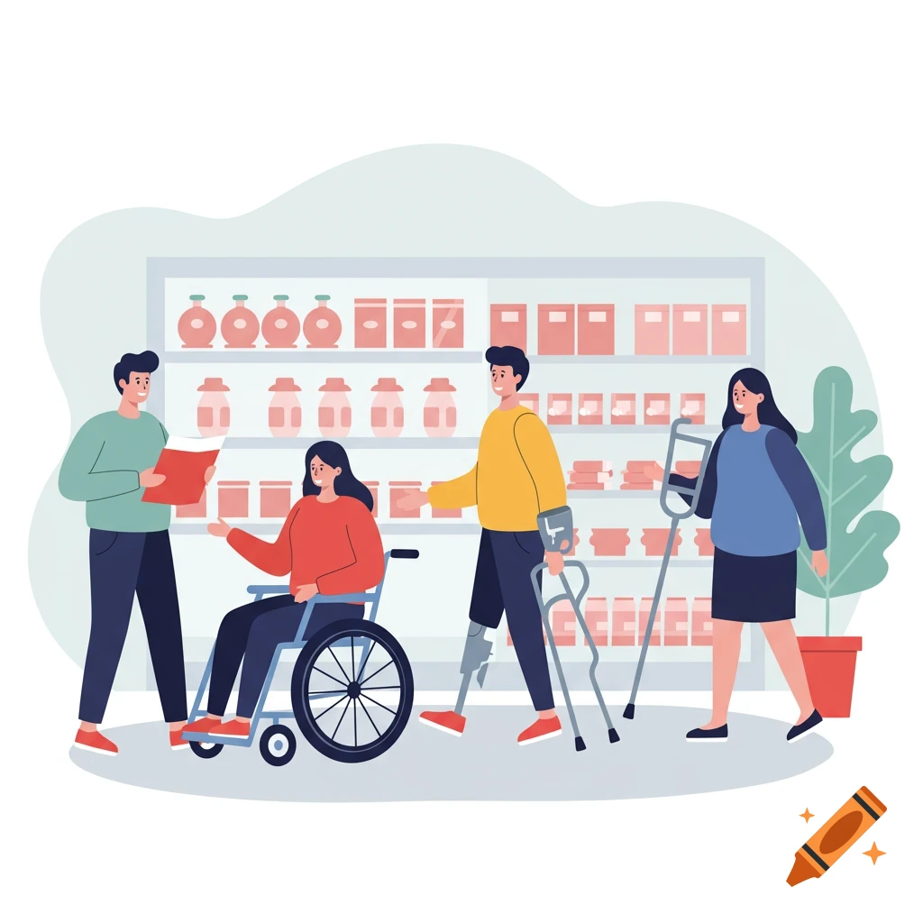 Flat illustration of people shopping; one in a wheelchair, one with a prosthetic leg and crutches, and two others stand by shelves.