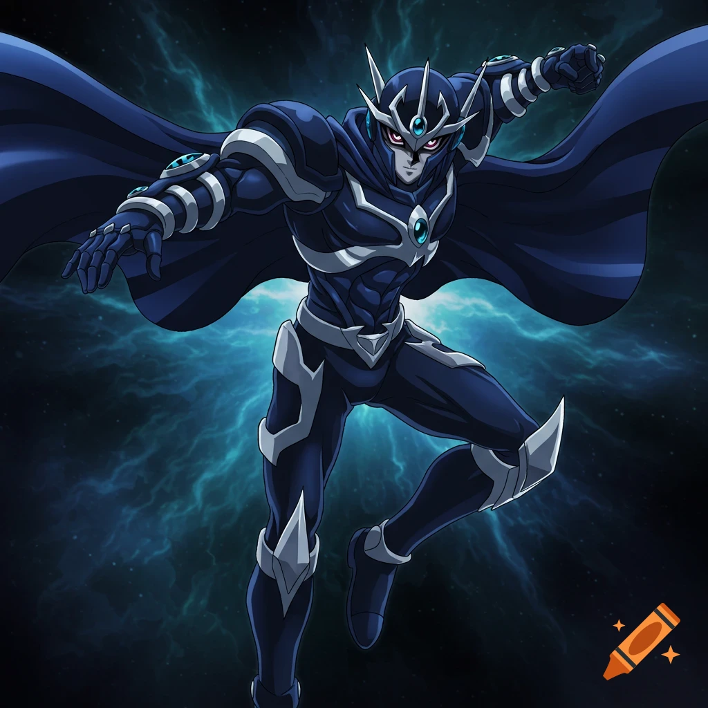 A character resembling Elemental Hero Shadow Mist from Yu-Gi-Oh, a dark blue armored figure with a cape, striking a pose in front of a stormy space background.