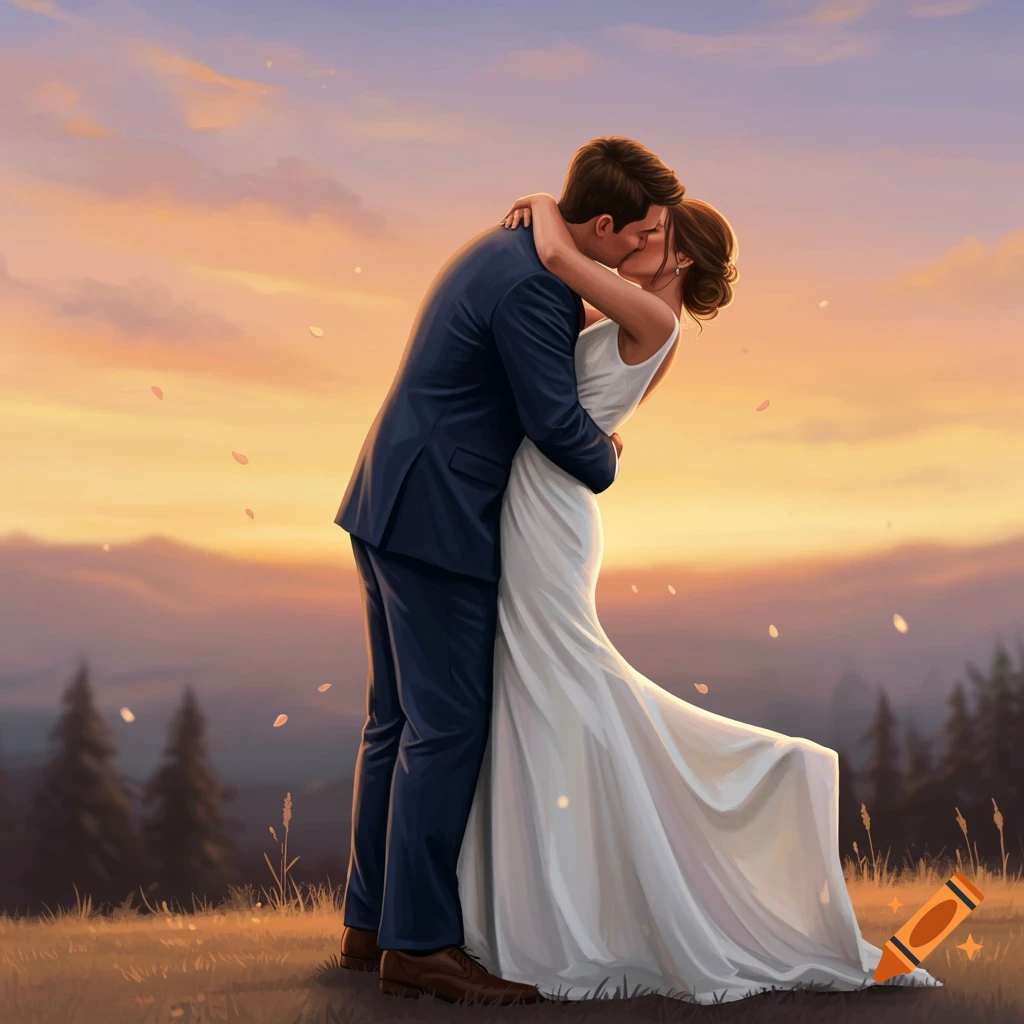A wedding couple kissing at sunset in a field