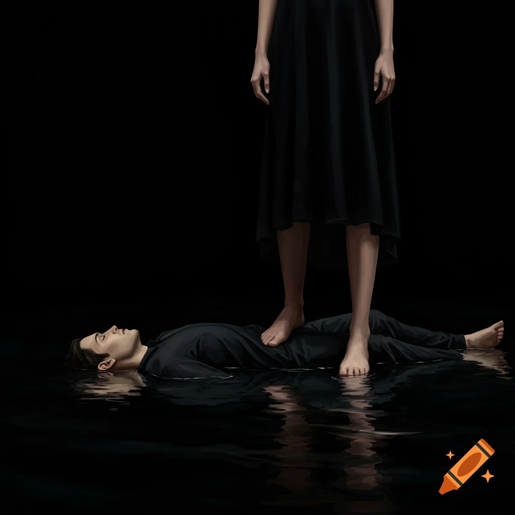 Man lying in dark water with a woman standing over him, her foot on his body.