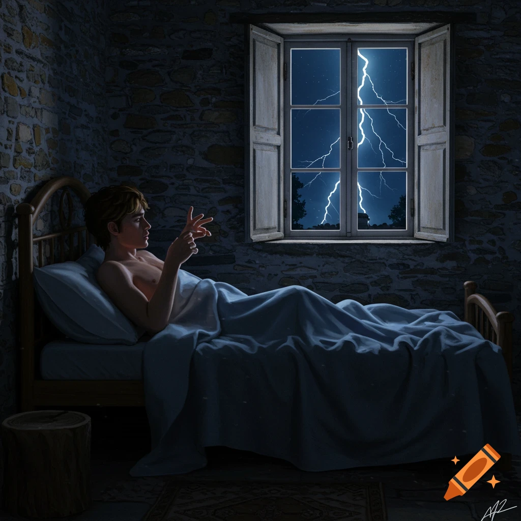 A young person lies in bed in a dark room with stone walls, looking out a window at a lightning storm.