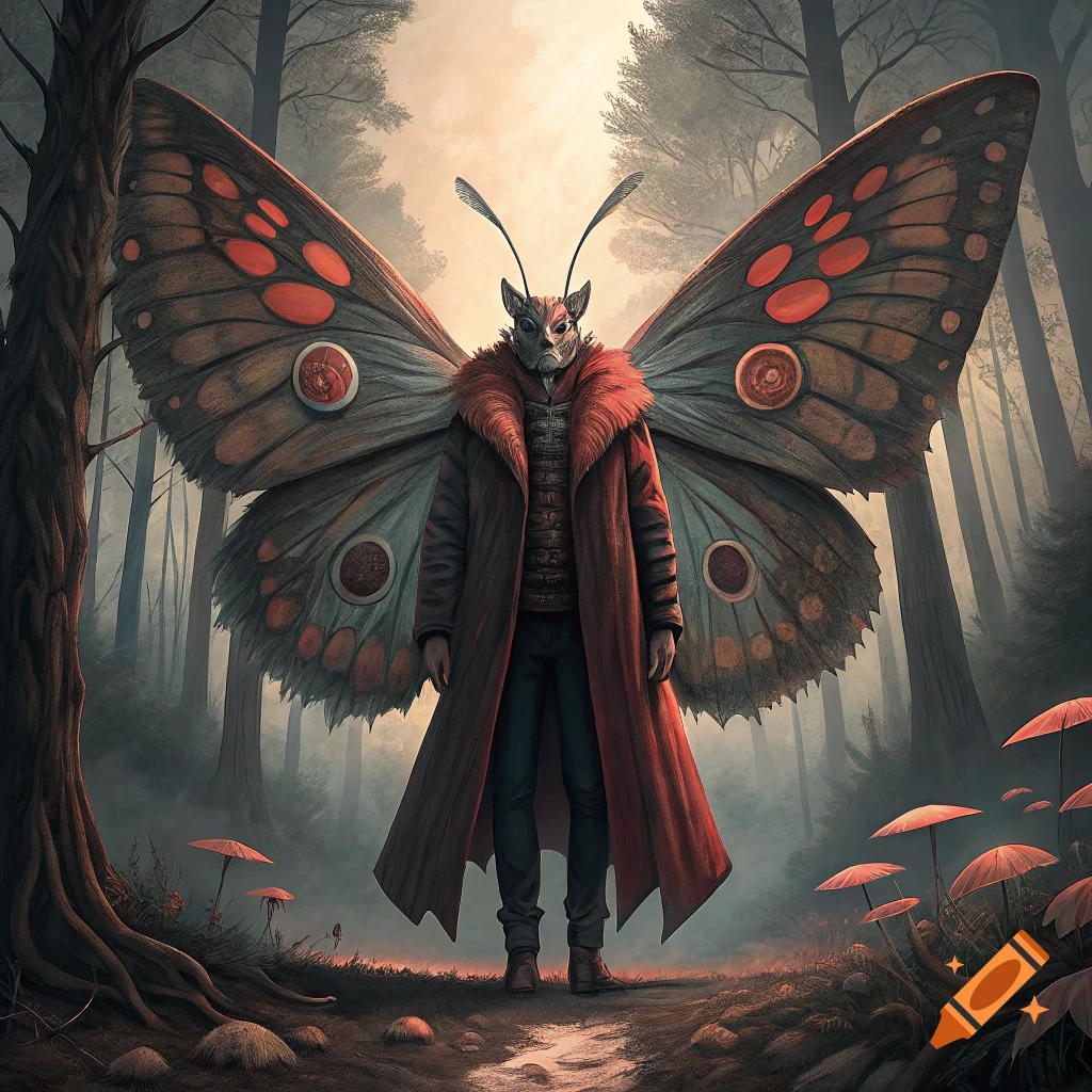 A figure with a masked face and large butterfly wings stands in a mysterious forest with glowing mushrooms.