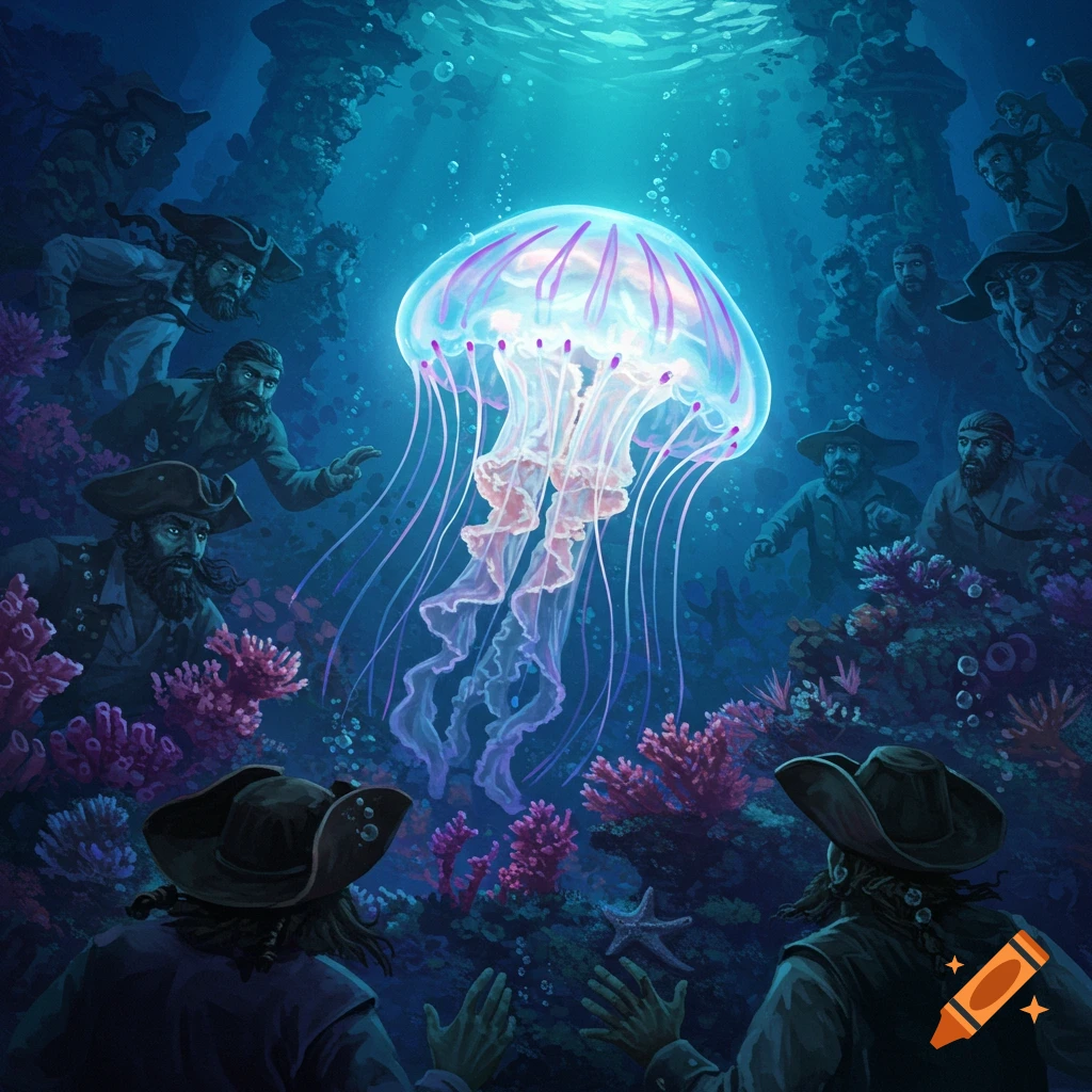 A giant glowing jellyfish floats in the center, surrounded by underwater pirates among coral.