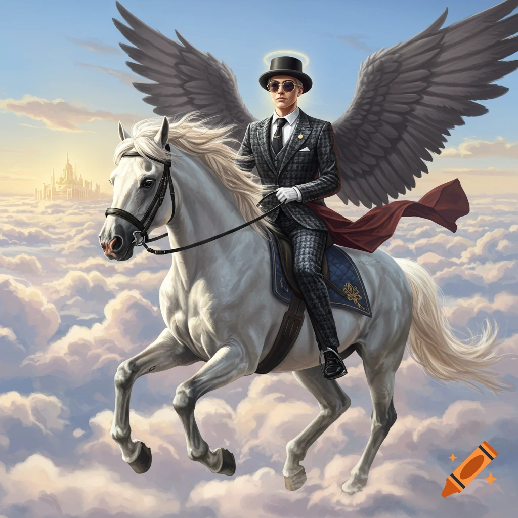 A man in a suit with wings is riding a white horse through clouds.