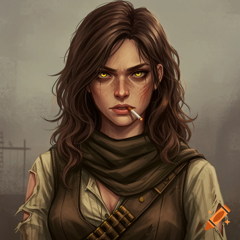 A woman with yellow eyes, scars, cigarette, and western clothes.