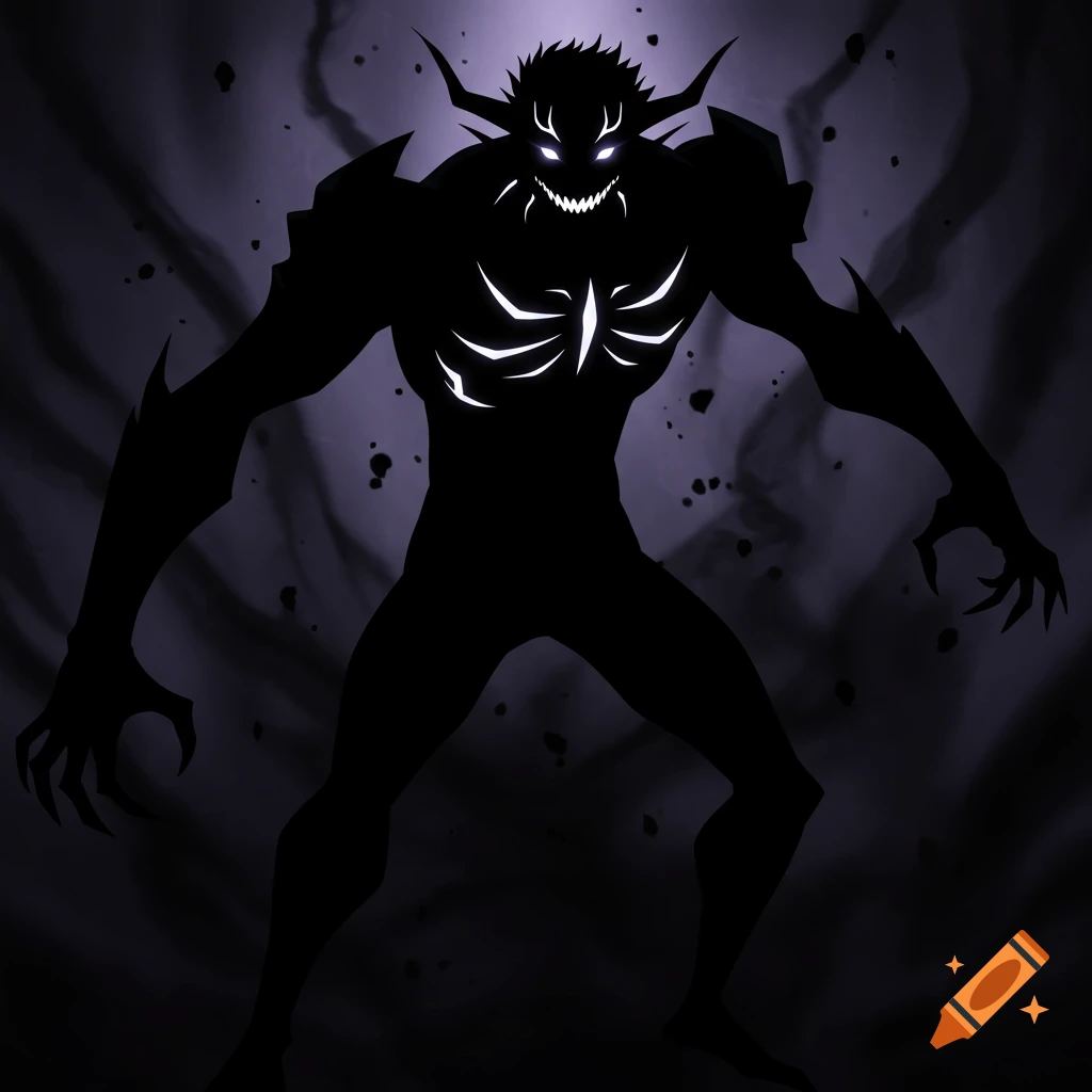 Black silhouette monster with glowing white eyes and chest markings against a dark background.