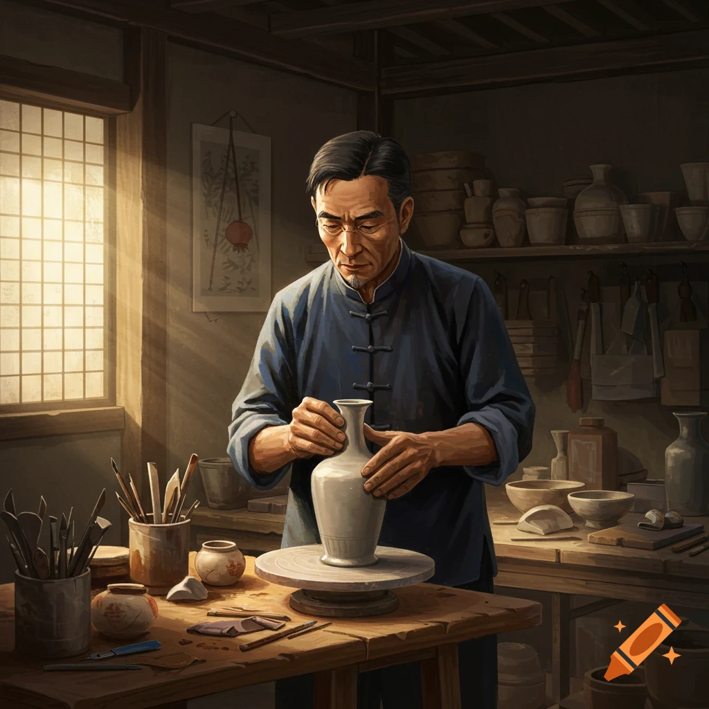 An artisan making pottery in a workshop.