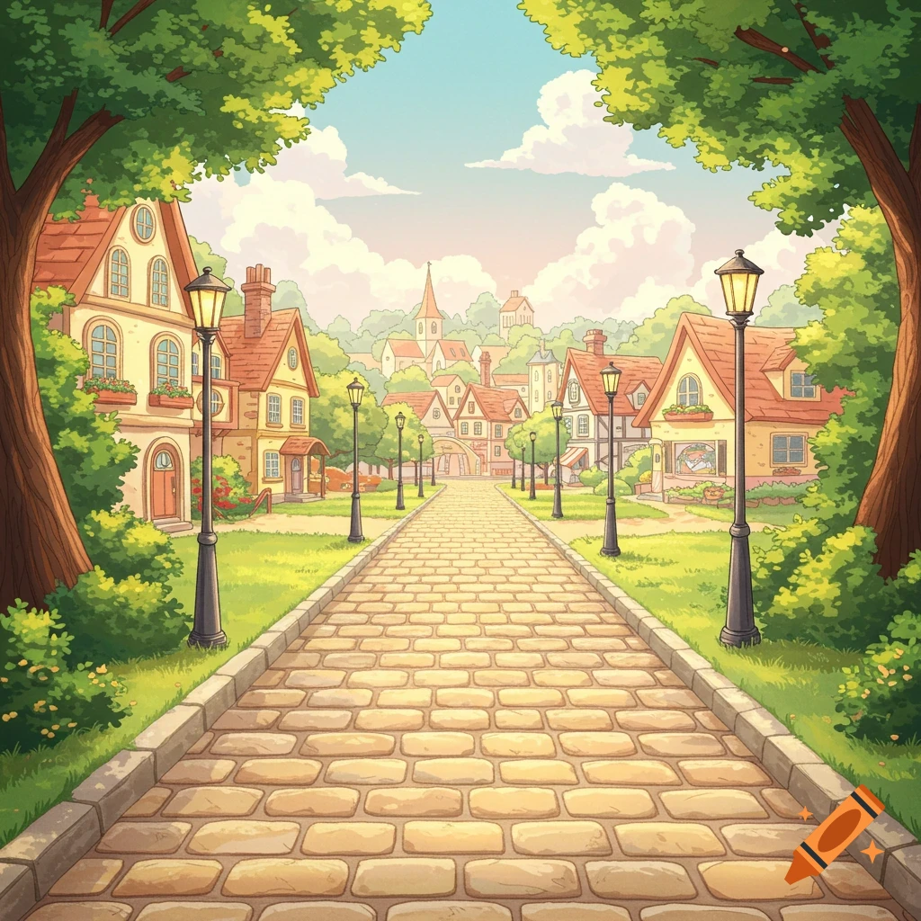 A cobblestone path leads through a bright, illustrative village street lined with quaint houses and trees.