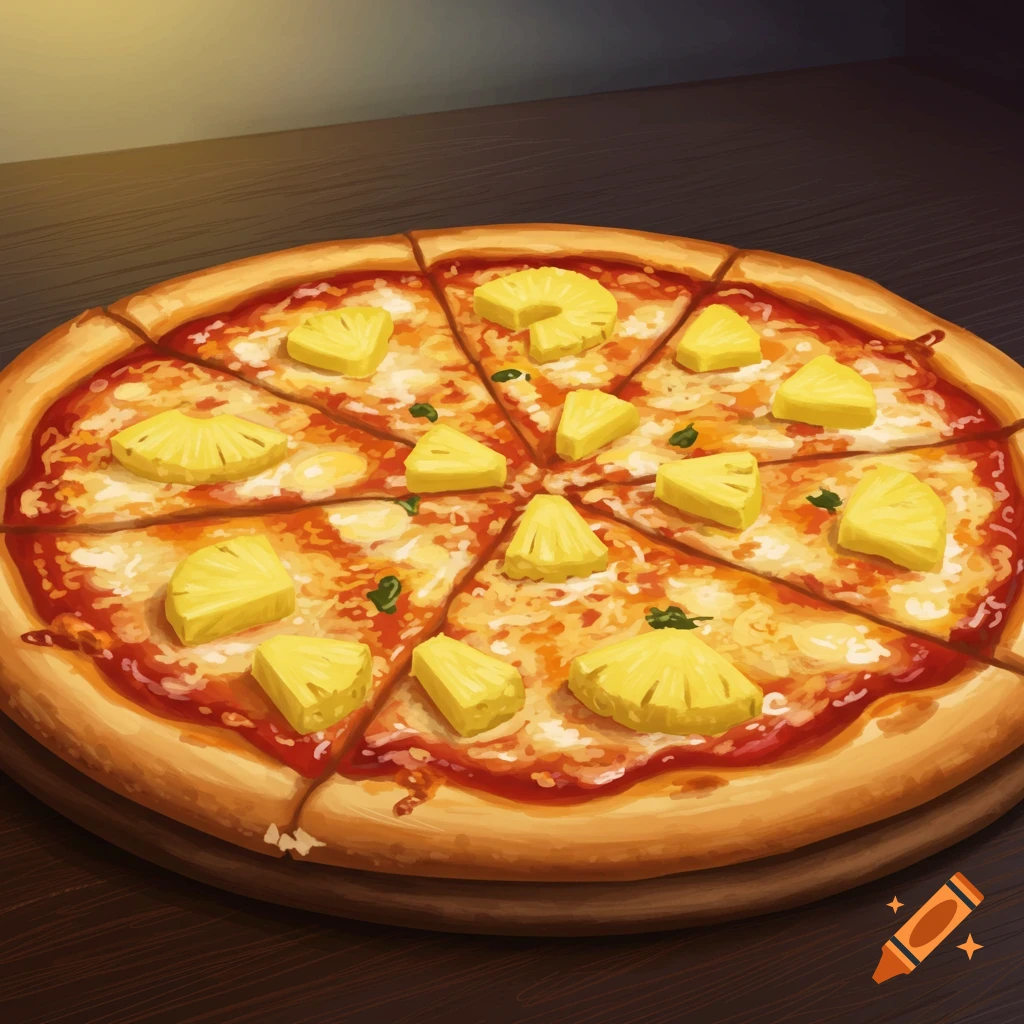 A pineapple pizza, top view on a wooden board.
