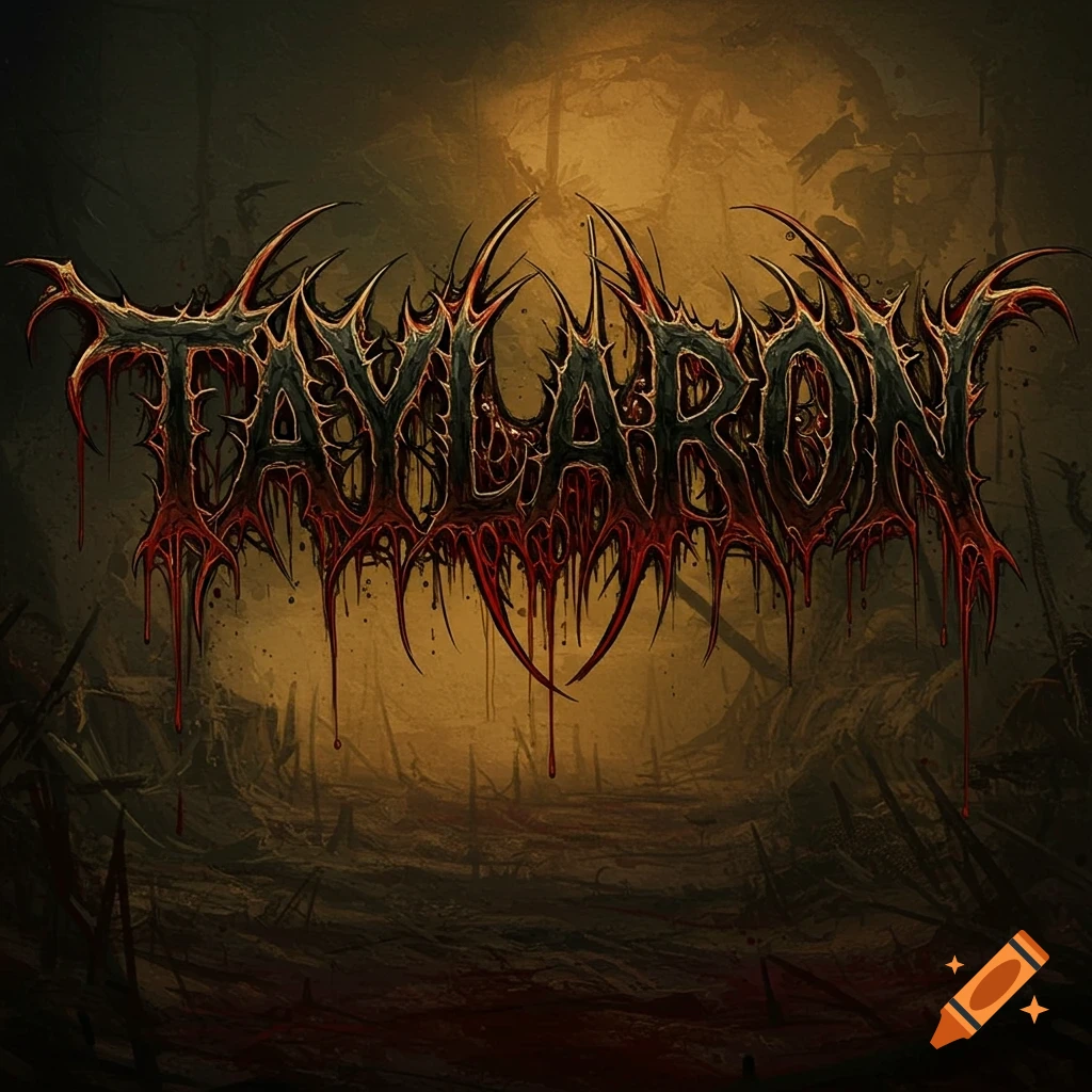The word TAYLARON in a death metal font with dripping blood, against a dark, desolate landscape.
