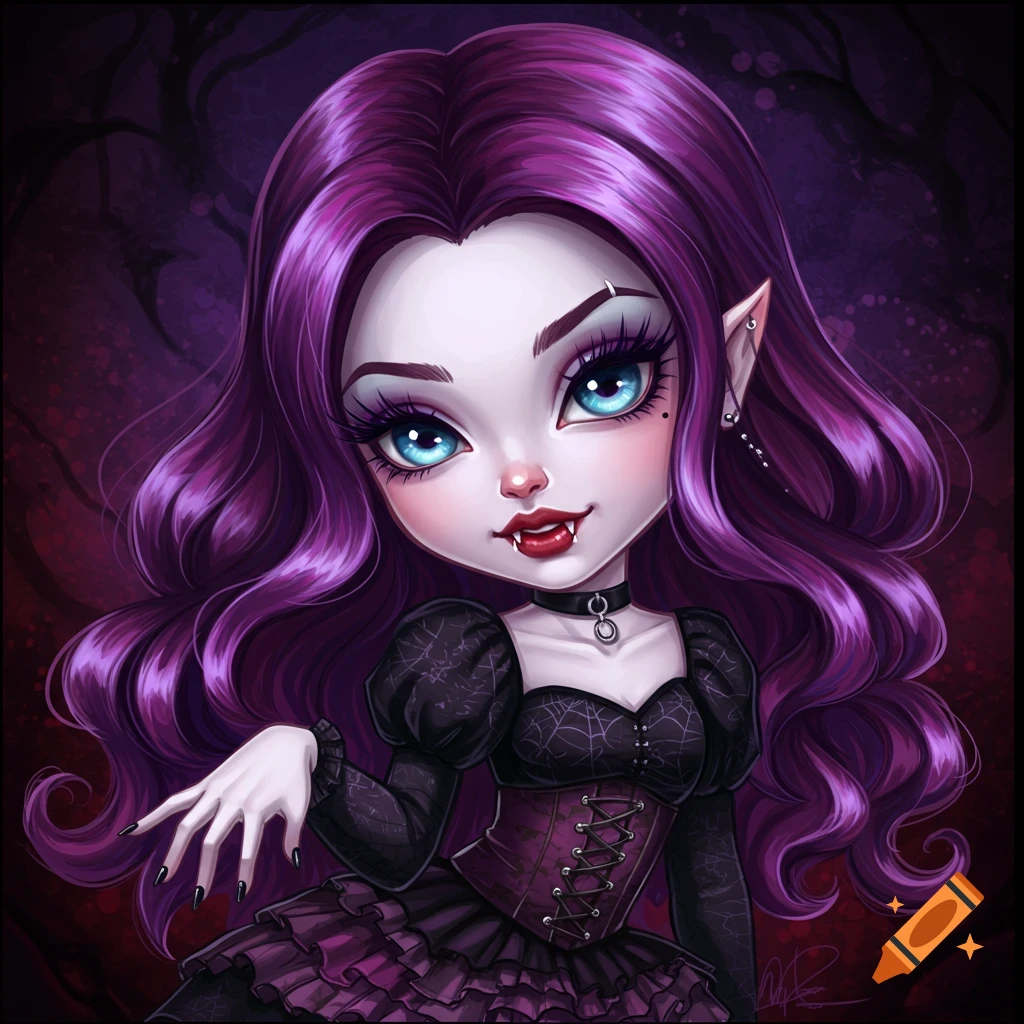 A cute cartoon vampire girl with purple hair and big blue eyes, wearing a black dress and corset.