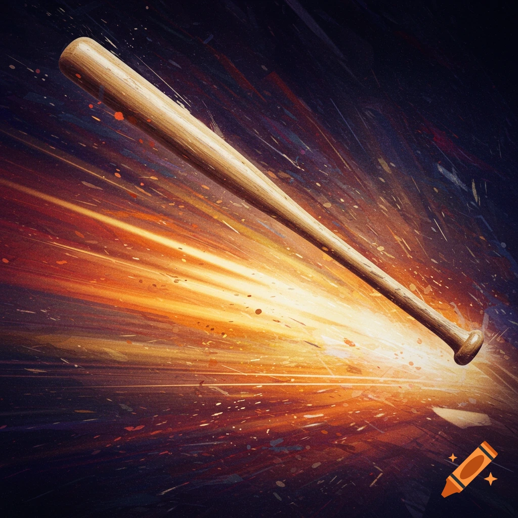 A baseball bat in motion, surrounded by light and splatter effects.