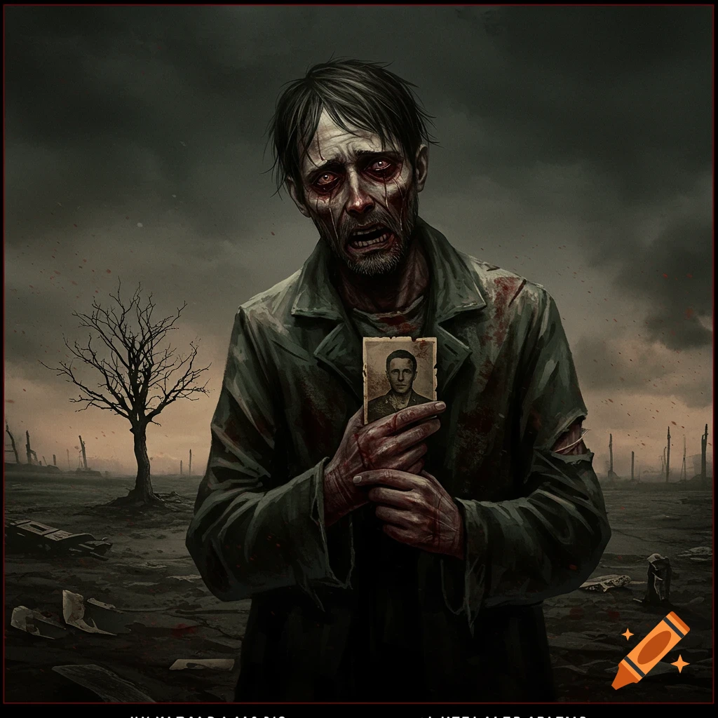 A bloodied man in a war-torn landscape holds a small photo.