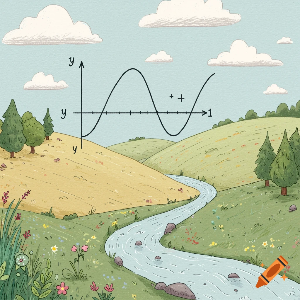 Illustration of a landscape with a river and hills, overlaid with a mathematical graph with labeled axes.