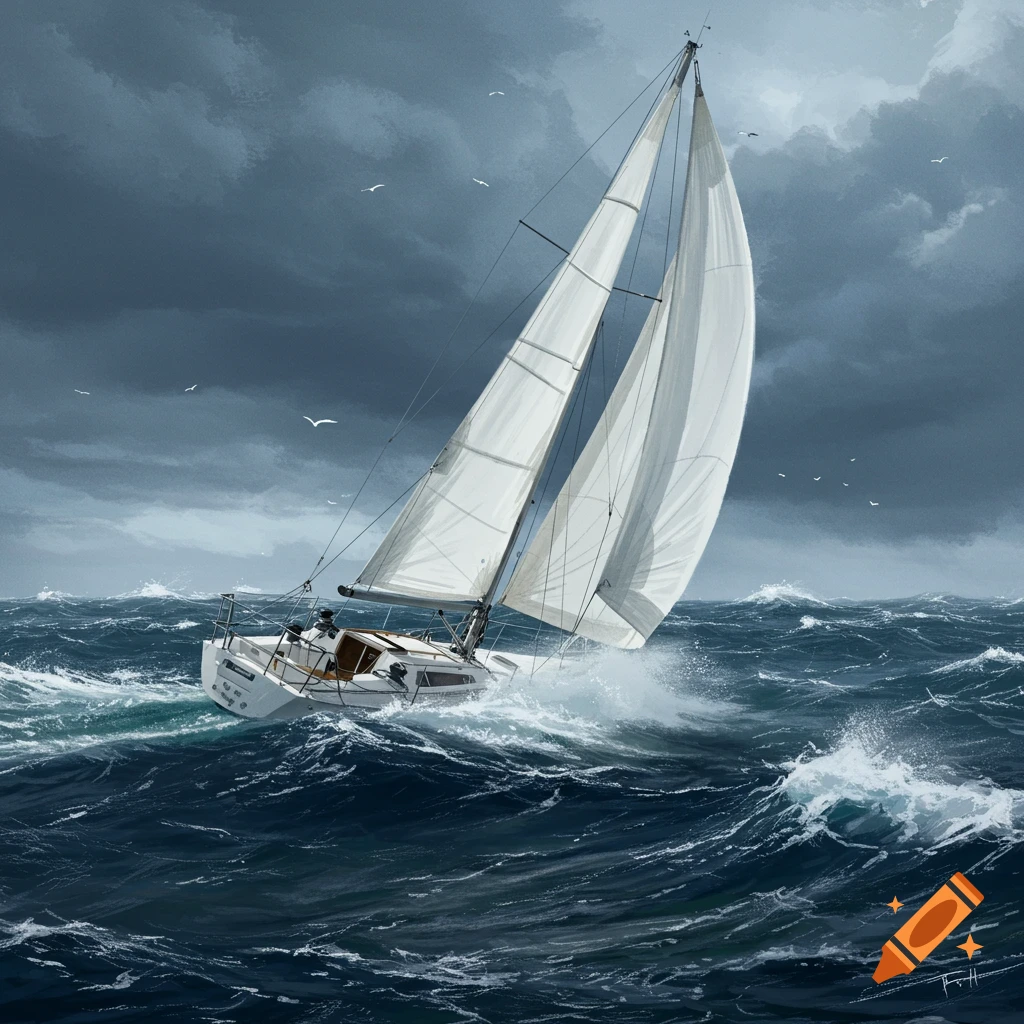 A sailboat heeled over in rough seas under stormy skies