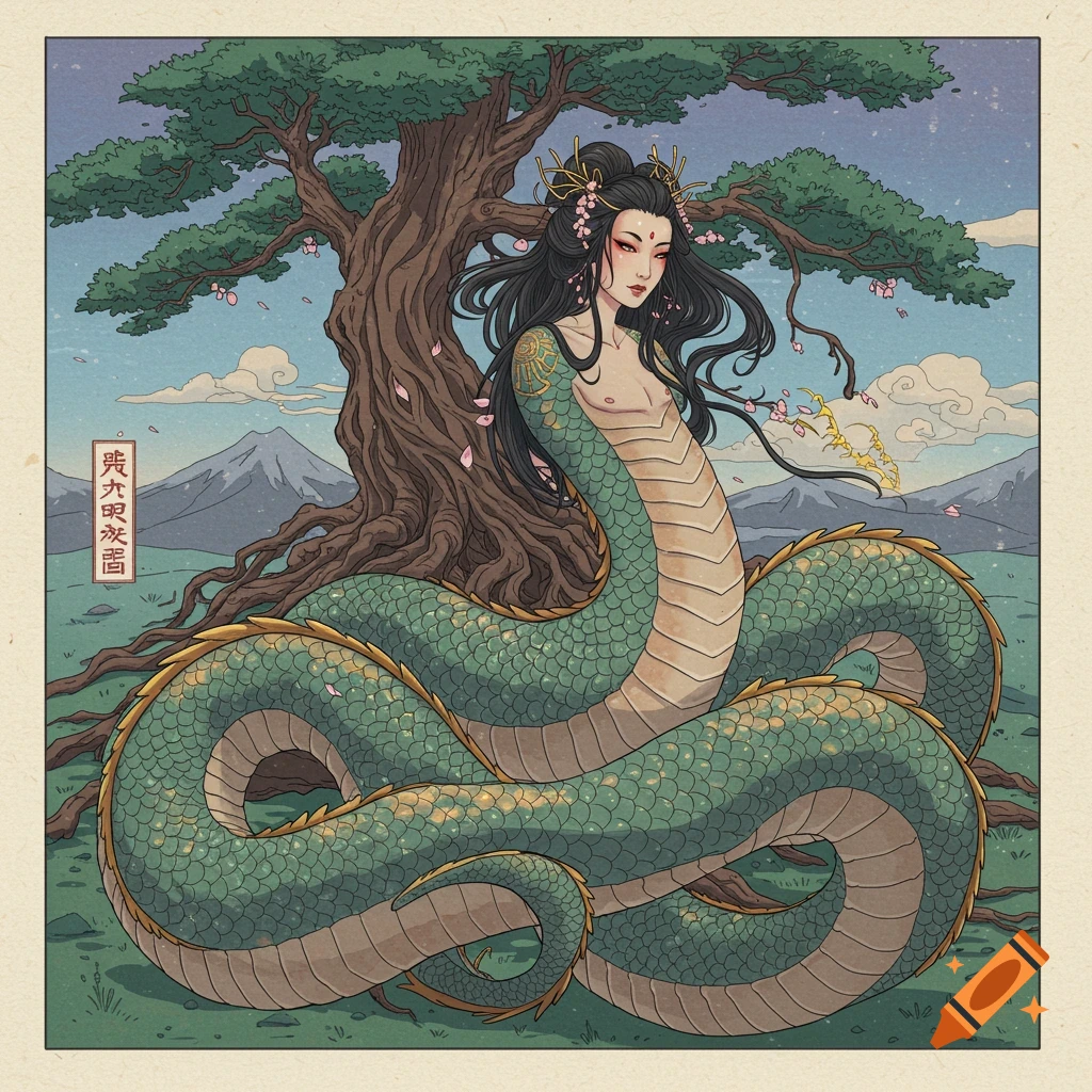A Japanese mythology naga by a tree