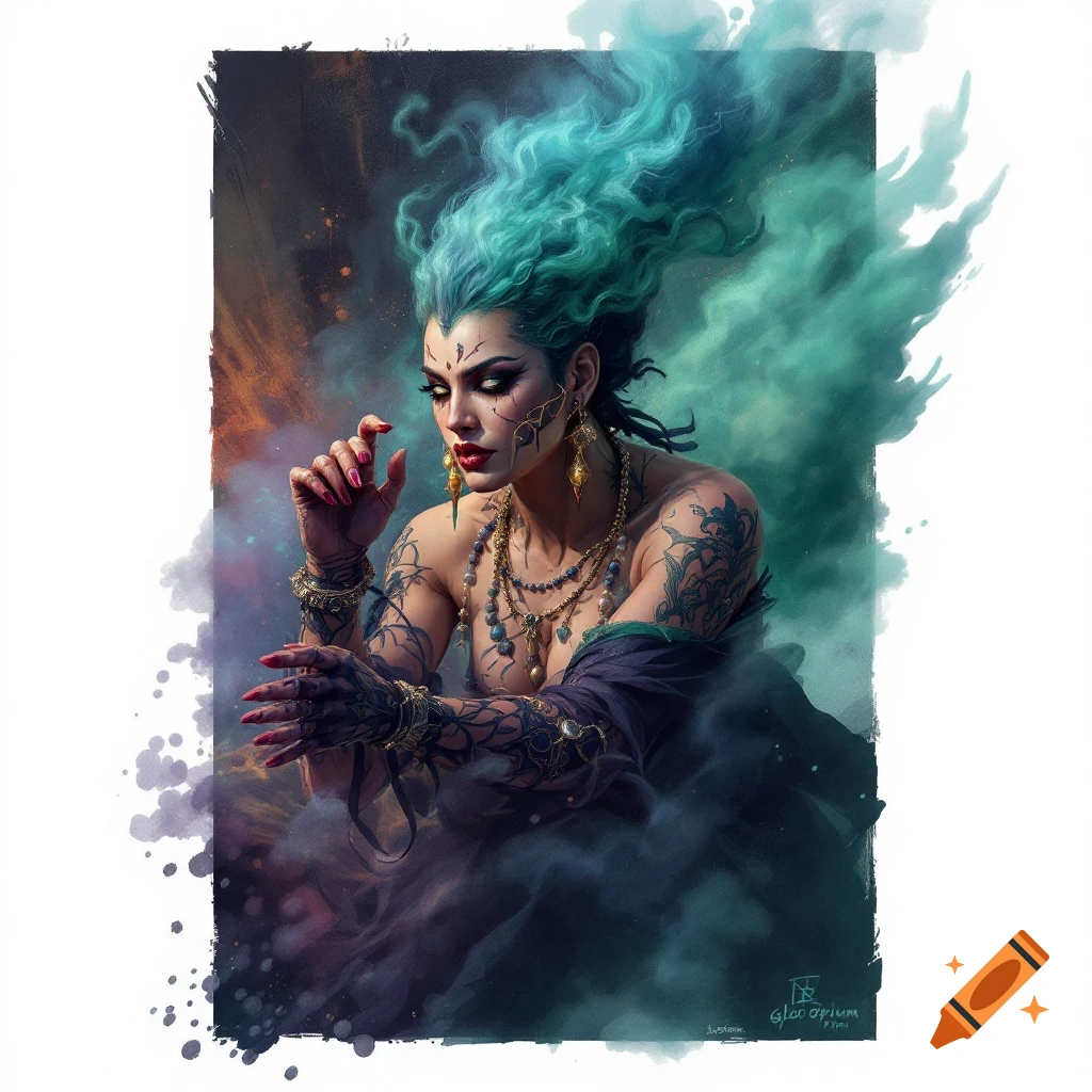 A fantasy woman with teal hair, tattoos, and ornate jewelry is surrounded by smoke.