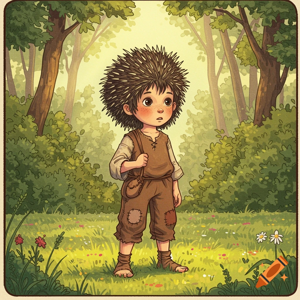 Cartoon boy with spiky hair stands in a forest clearing, children's book illustration style.