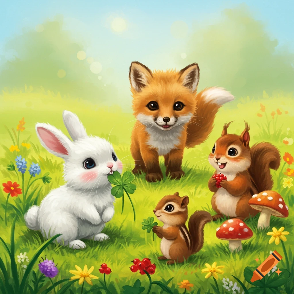 A cute white rabbit, fox, and two squirrels in a grassy field with flowers and mushrooms.