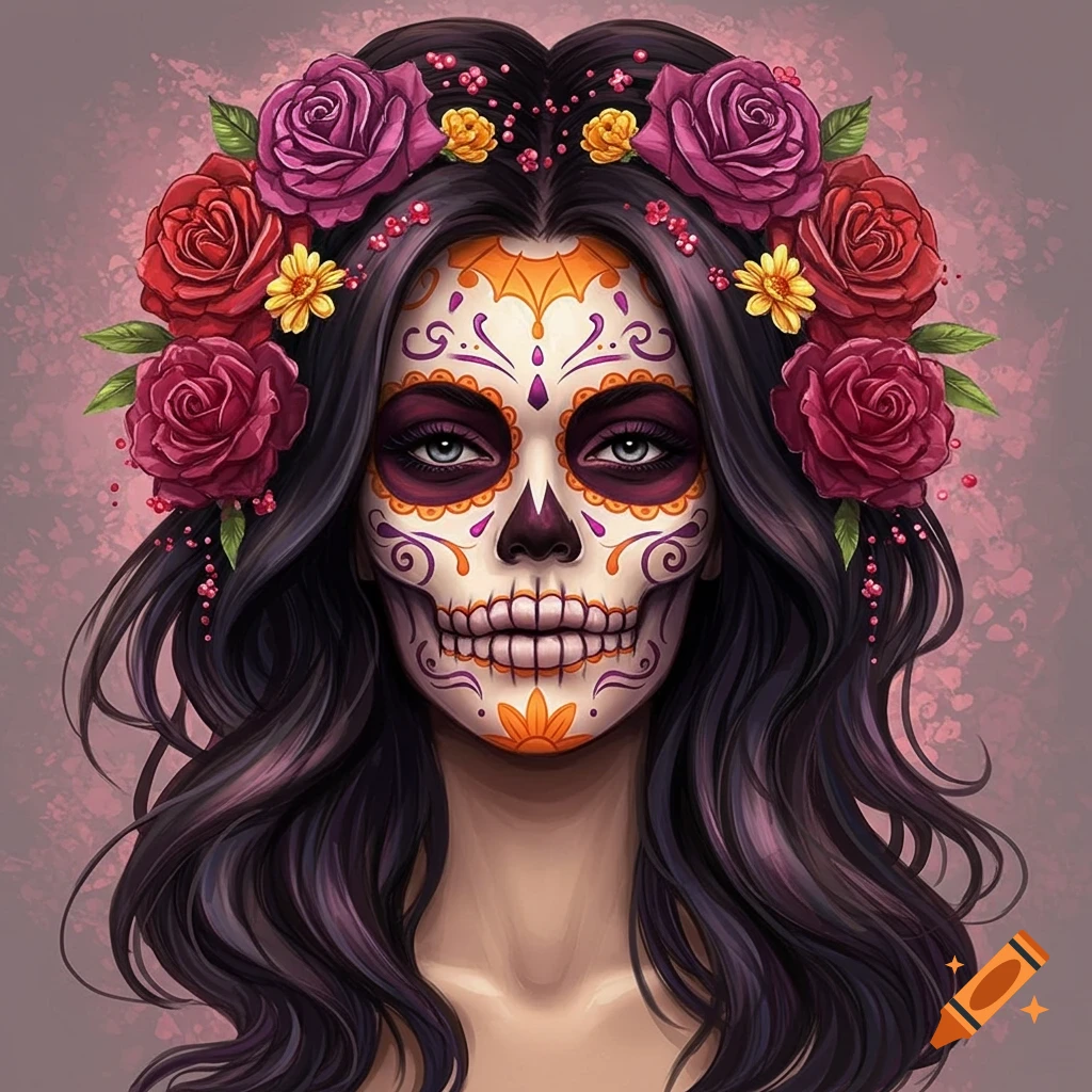 A woman with detailed sugar skull makeup and a floral headpiece.
