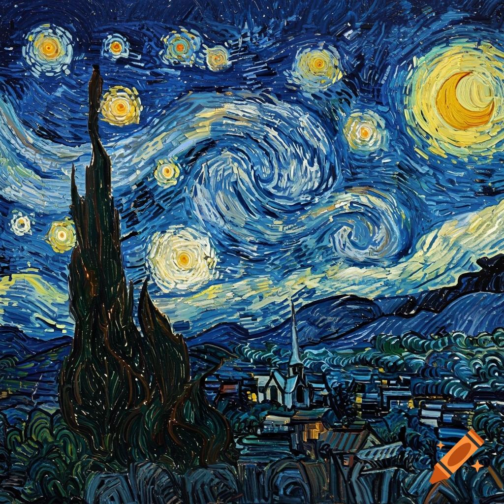 A painting of a swirling night sky with stars and crescent moon over a village, with a tall tree in the foreground.