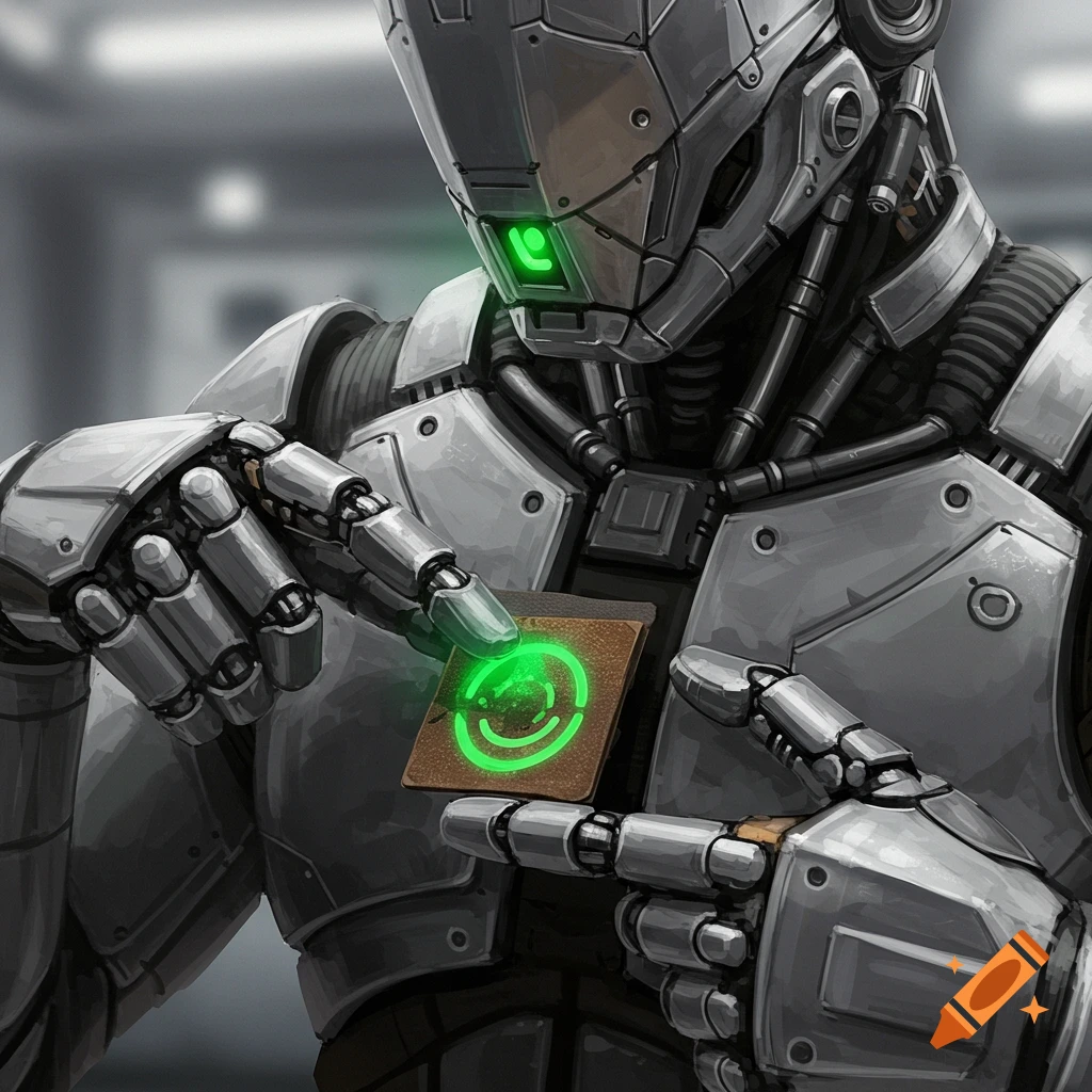 Detailed image of a robot examining a glowing green patch with a smiley face symbol.