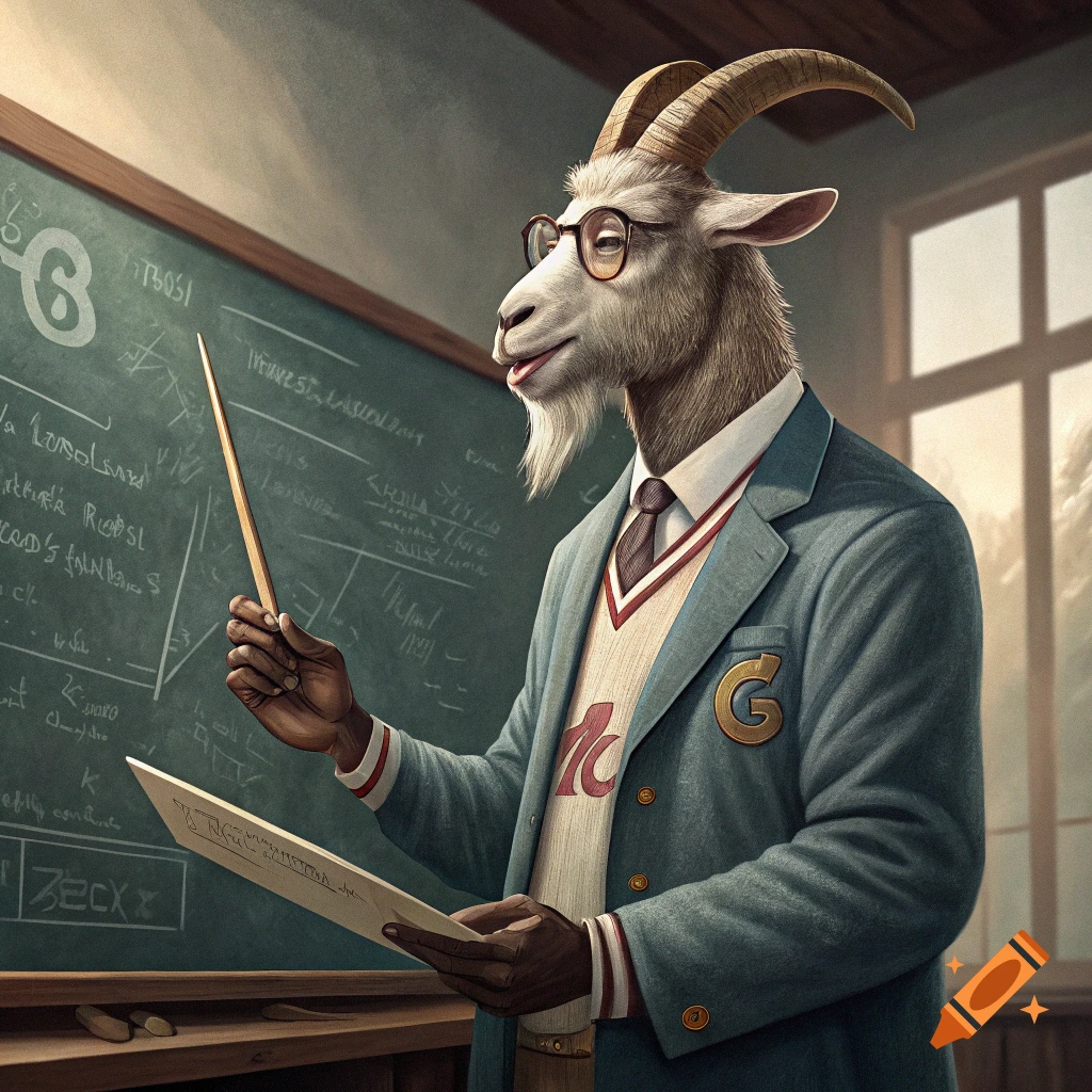 Anthropomorphic goat teacher points at chalkboard, holding paper