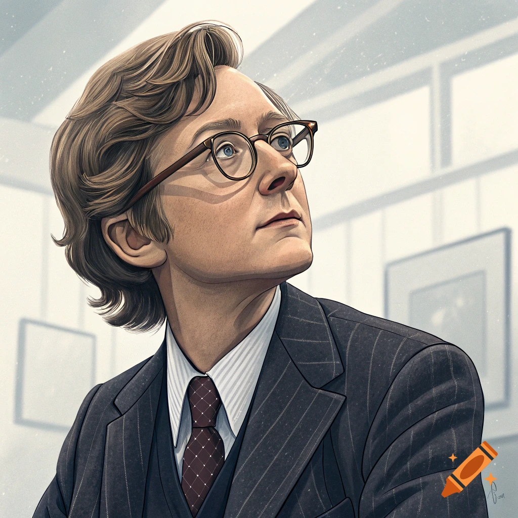 Illustrative portrait of a man in a suit and glasses looking up.