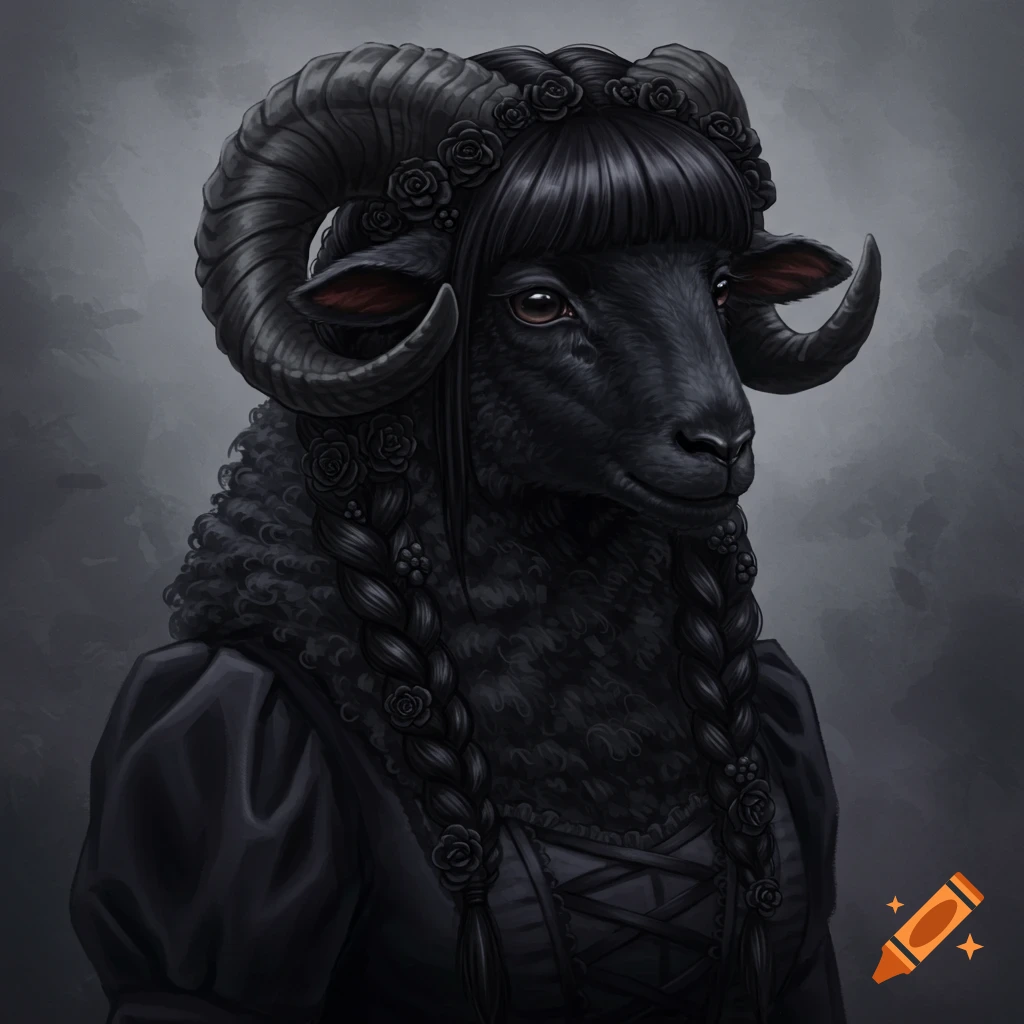 A black sheep in a gothic dress with braided hair and horns.