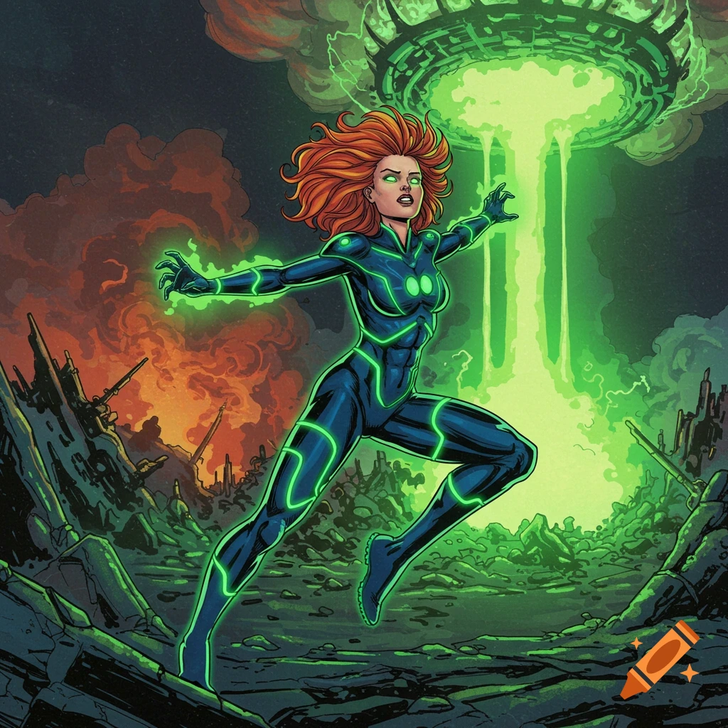 Comic art of a red-haired superhero in a dark suit with glowing green lines, casting energy as a green beam descends from a UFO onto a ruined city.