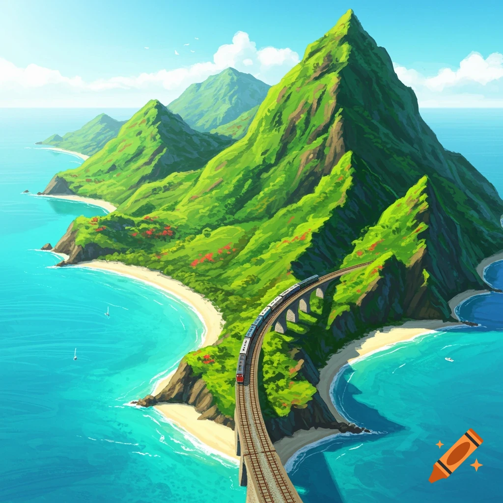 Vibrant image of a train traveling on a bridge along a lush green island coast with mountains and turquoise sea.