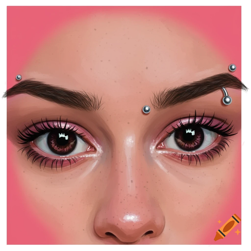 Close-up of eyes with eyebrow piercings.