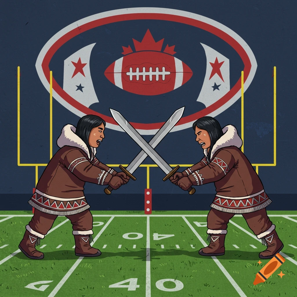 Two figures in parkas crossing swords on a football field with a logo, digital art.