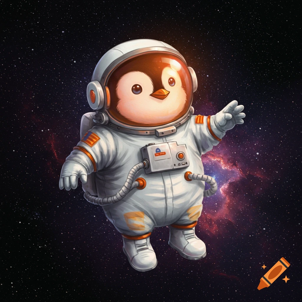 A cute cartoon penguin in a white astronaut suit floats in space.