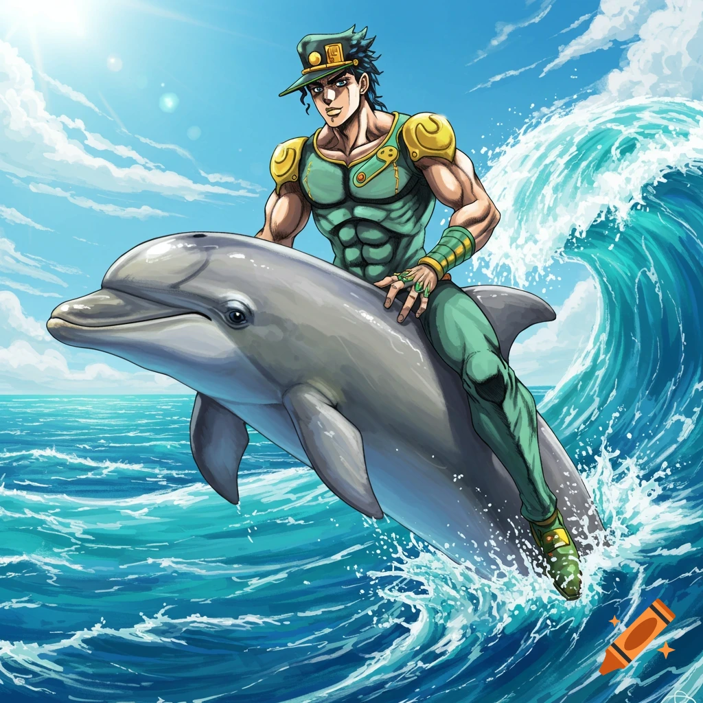 Jotaro Kujo riding a dolphin in the ocean, anime style