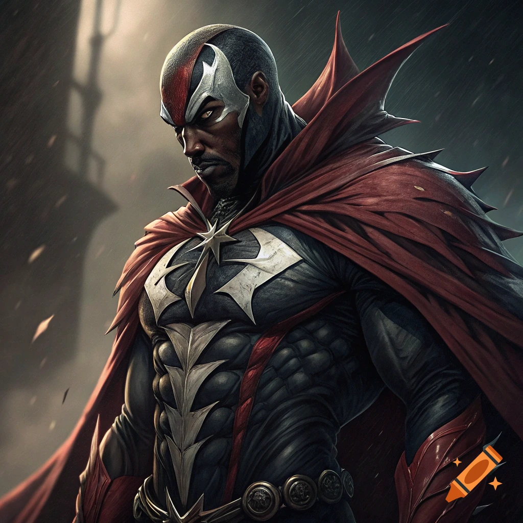 Portrait of a character resembling Spawn, portrayed by Jonathan Majors, in a red cape and detailed suit.