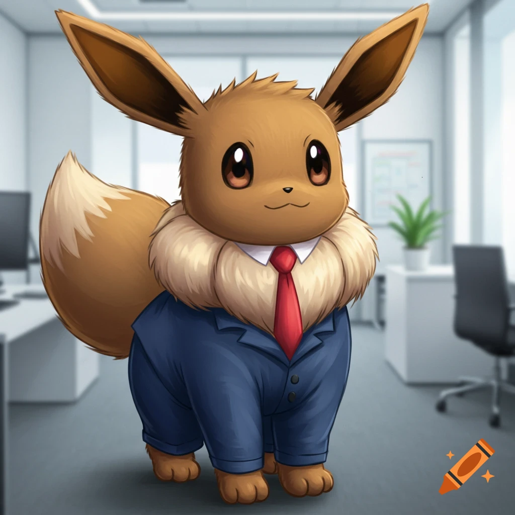 Anthropomorphic Eevee in a blue suit and red tie stands in an office.