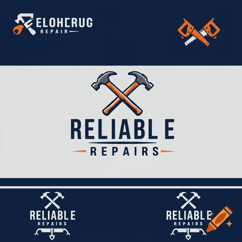 Several logos for a repair company featuring crossed hammers and saws.