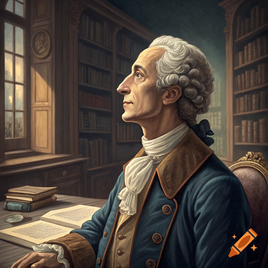 Portrait of an 18th-century man with a powdered wig and blue coat sitting at a desk with books in a library.