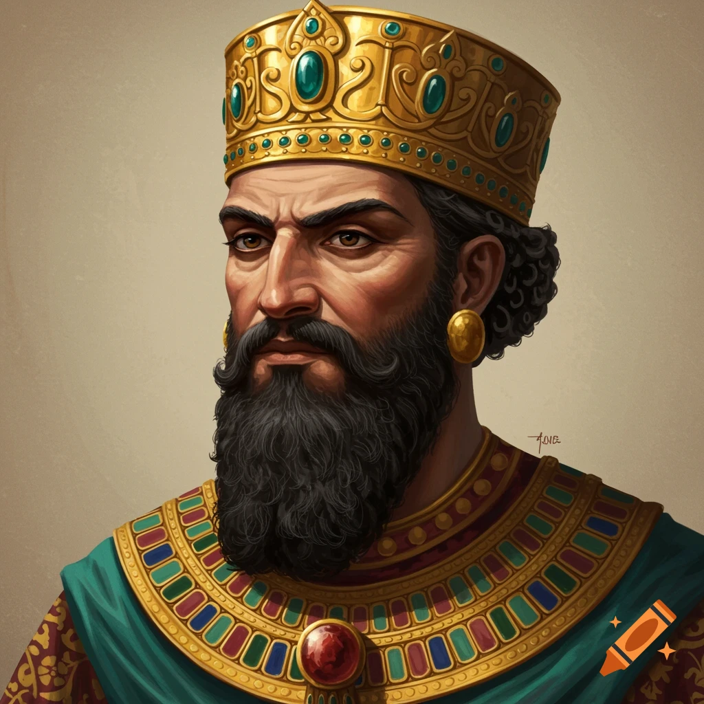 Painting of a stern Persian king wearing a golden crown and ornate robes.
