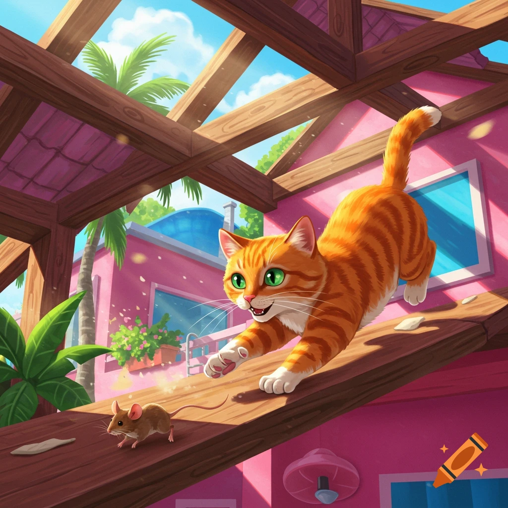 A cartoon orange cat chases a mouse across a wooden roof beam with a pink house in the background.