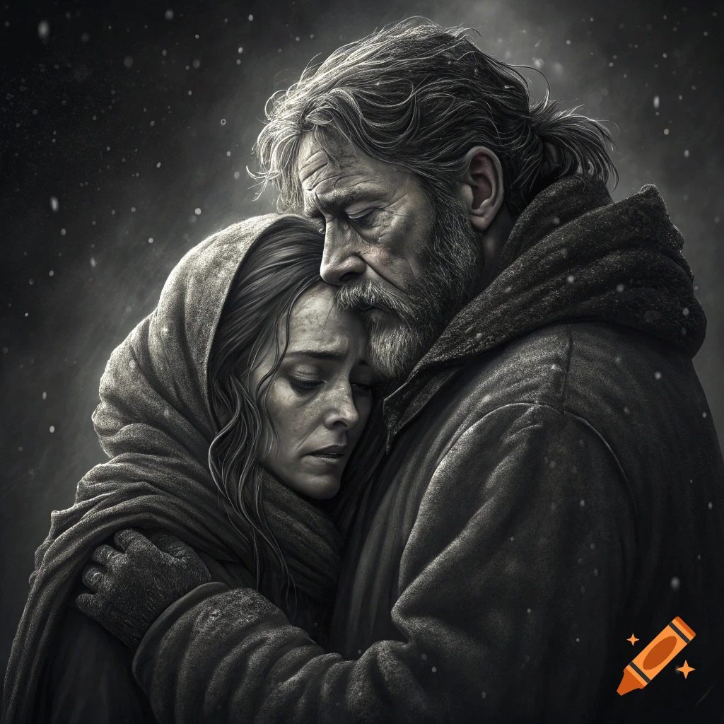 Grayscale illustration of a man hugging a distressed woman in the snow