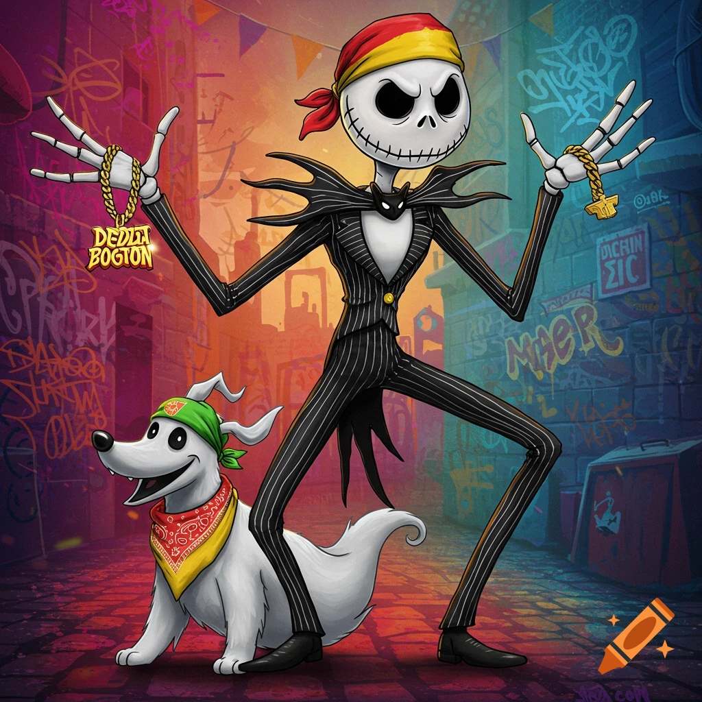 Jack Skellington and Zero in hip-hop style in a graffiti alley