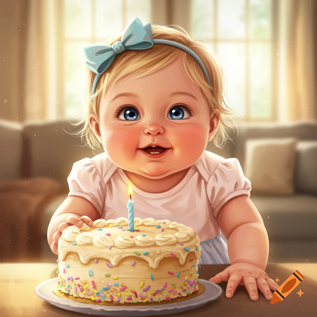 Cute baby girl looking at a birthday cake.